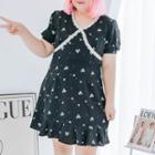 Plus Size Puff-sleeve Floral A-line Dress / Midi Dress