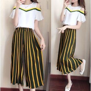 Set: Open Shoulder Short-sleeve Top + Pinstripe Wide Leg Pants