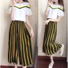 Set: Open Shoulder Short-sleeve Top + Pinstripe Wide Leg Pants