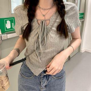 Short-sleeve Bow Detail T-shirt Gray - One Size