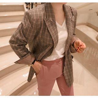 Peaked-lapel Single-breasted Plaid Jacket With Belt