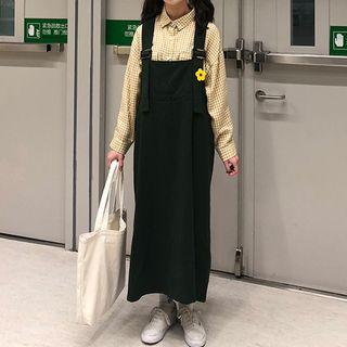 Midi Pinafore Dress With Flower Brooch