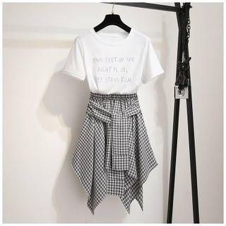 Set: Short-sleeve Lettering Print T-shirt + Plaid Tie-waist A-line Skirt