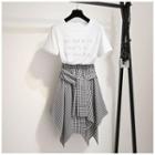 Set: Short-sleeve Lettering Print T-shirt + Plaid Tie-waist A-line Skirt