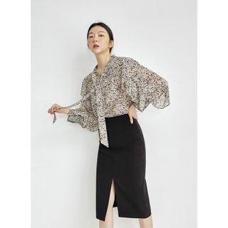 Tie-neck Floral Print Blouse Black - One Size