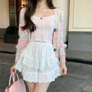 Printed Cardigan / Camisole Top / A-line Skirt