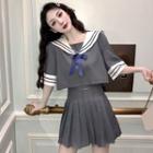 Set: Elbow-sleeve Sailor Collar Top + Pleated Mini Skirt