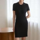 Ribbed Knit Bodycon Polo Dress Black - One Size