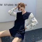 Long-sleeve V-neck Chain Print Blouse / Plain Shawl / Plain Shorts