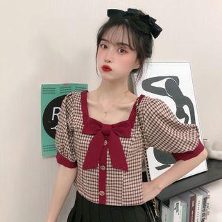 Puff-sleeve Tie Accent Plaid Top