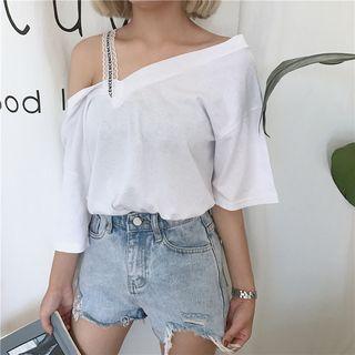 Lace Strap V-neck Short-sleeve T-shirt