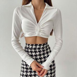 Plain Knit Long-sleeve Crop Top