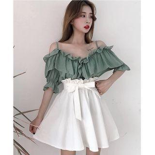 Set: Cold Shoulder Short-sleeve Frilled Top + A-line Mini Skirt