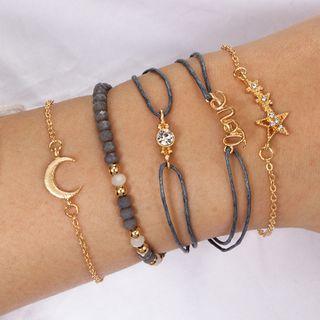 Set Of 6: Alloy Love Lettering / Moon & Star / Bead Bracelet (assorted Designs) Gold - One Size