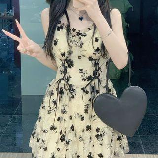 Spaghetti Strap Floral Print Lace-up Dress