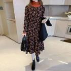 Mock Two-piece Printed Long-sleeve Midi A-line Dress