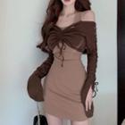 Set: Halter-neck Mini Bodycon Dress + Off-shoulder Drawstring Crop Top Set Of 2 - Top & Dress - Brown & Khaki - One Size
