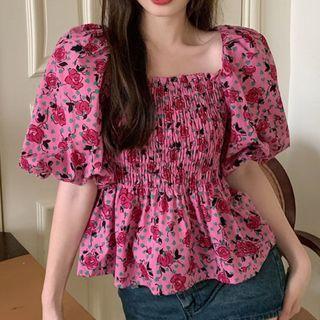Short-sleeve Floral Blouse / A-line Midi Dress