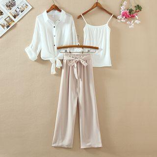 Short-sleeve Chiffon Shirt + Camisole Top + Wide-leg Pants Set