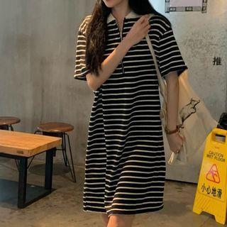 Short-sleeve Polo Collar Half-zip Striped Dress