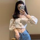 Long-sleeve Off-shoulder Crop Top Almond - One Size