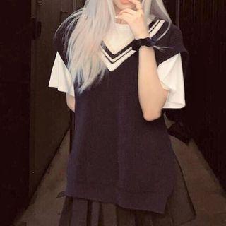 Contrast Trim Sweater Vest Navy Blue - One Size