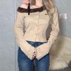 Long-sleeve Cold-shoulder Fluffy Trim T-shirt