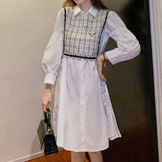 Set: Long-sleeve Midi A-line Shirt Dress + Tweed Vest