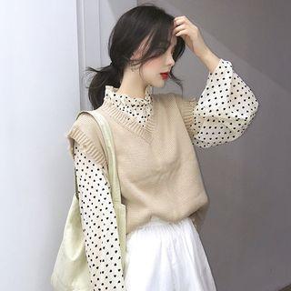 Mock Neck Heart Print Blouse / V-neck Knit Vest