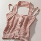 Halter Button-up Ribbed Knit Camisole Top Pink - One Size