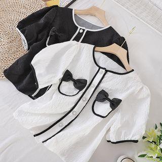 Round-neck Bow Contrast Trim Puff-sleeve Top
