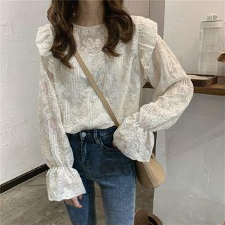Long-sleeve Embroidered Blouse Off-white - One Size