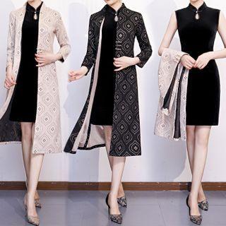 Sleeveless Velvet Qipao / Geometric Print Jacket / Set