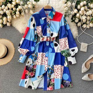 Long-sleeve Belted Print A-line Shirtdress