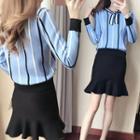 Set: Long-sleeve Striped Knit Top + Mini Fitted Skirt