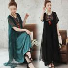 Mock Two-piece Short-sleeve Embroidered Paneled Maxi Dress