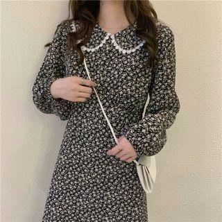 Long-sleeve Floral Midi A-line Dress Floral - Black & White - One Size