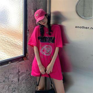 Printed Short-sleeved Top Rose Pink - One Size