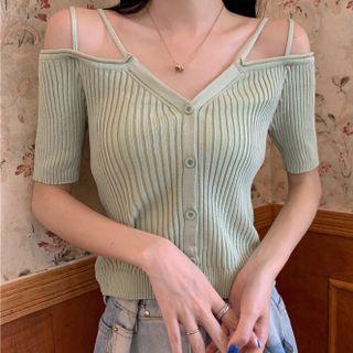 Short-sleeve Strappy Off-shoulder Knit Top