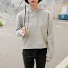 Embroidered Long-sleeve Hooded Sweatshirt Light Gray - One Size