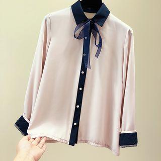 Contrast Trim Tie-neck Chiffon Shirt