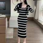 Spaghetti Strap Striped Midi Sheath Knit Dress / Cardigan