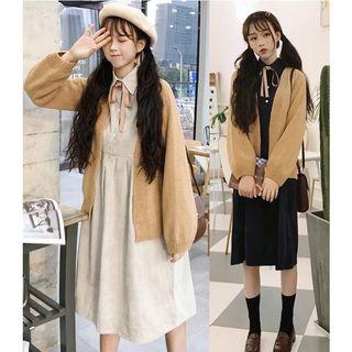 Open-front Cardigan/ Tie-neck Long-sleeve Shirt Dress