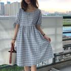 Puff Sleeve Plaid A-line Midi Dress