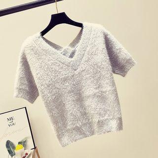 V-neck Short-sleeve Sweater Gray - One Size