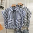 Striped Tie-hem Loose Crop Shirt