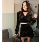 Long-sleeve V-neck Velvet Cropped Top / Ruffle Slim-fit Skirt