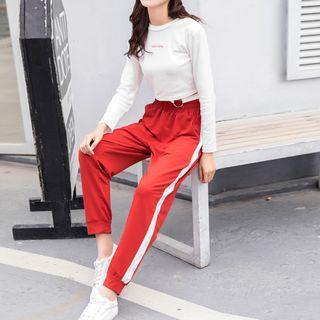 Set: Crew-neck Long-sleeve T-shirt + Color Block Sweatpants