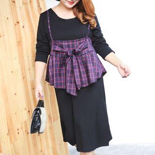 Set: Long Sleeve T-shirt Dress + Plaid Flared Camisole Top