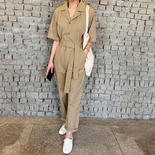 Notched-lapel Shirtwaist Jumpsuit Beige - One Size